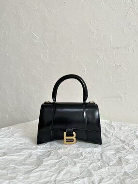 Balenciaga Hourglass Black Leather Top Handle Crossbody Bag B Logo